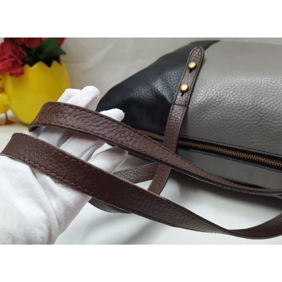Fossil Colorblock Black Gray Pebbled Leather Double Handle Satchel Shoulder Bag - Picture 6 of 16